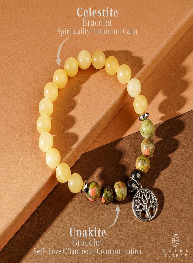KARMAPLEDGE Triple Protection Crystal Bracelet, Handmade Celesite with Unakite Crystal Beads & Tree of Life Charm Bracelets for Women and Mens Positive Energy & Balance, Yoga, Chakra Healing, Crystal Gifts - Image 2